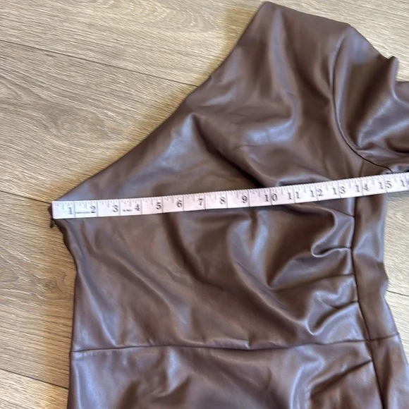Express Faux Leather One Shoulder Mini Dress Mocha - Picture 9 of 13